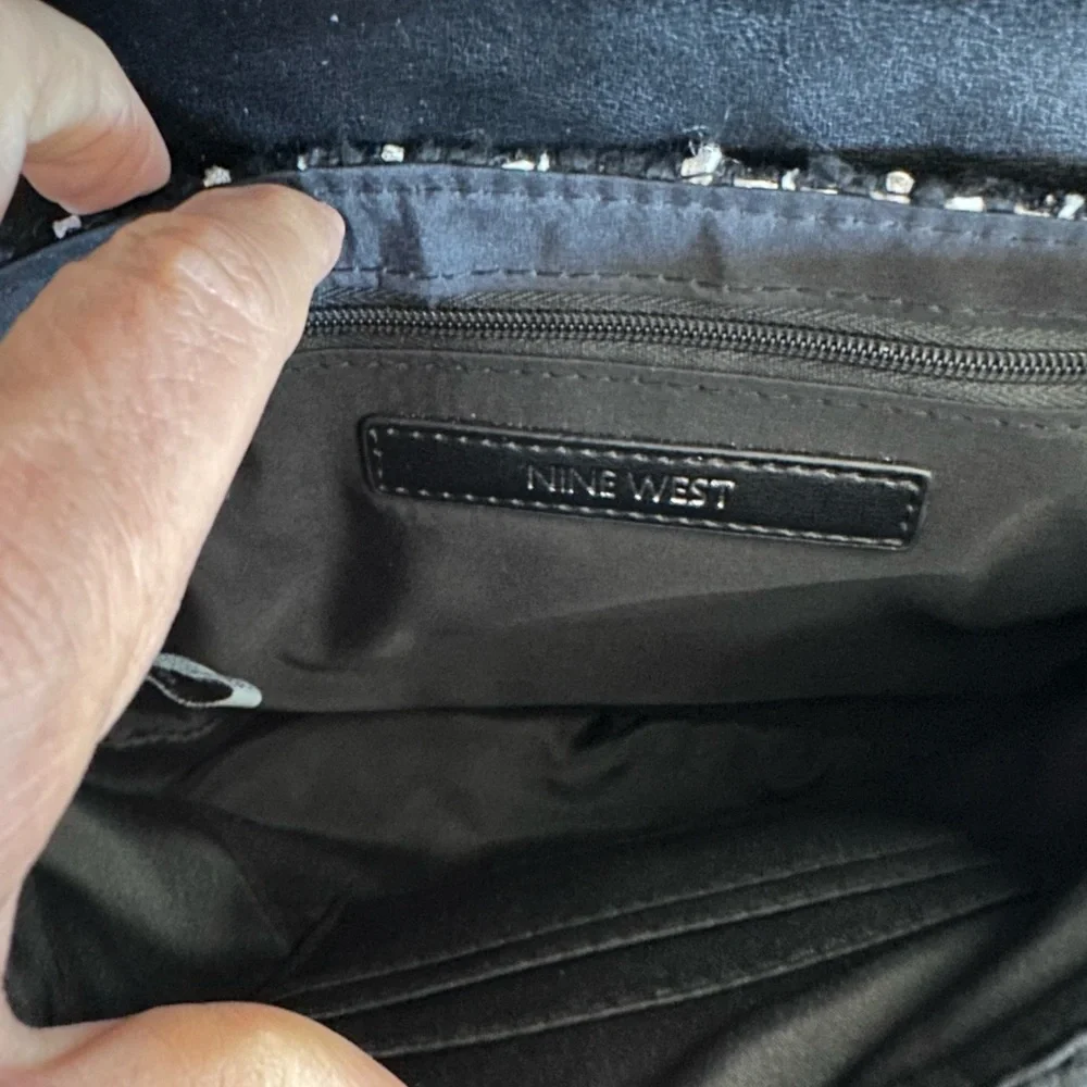 Nine West tweed crossbody bag black cream chain strap shoulder purse - Picture 5 of 6